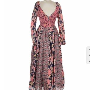 Free People Pink and Navy Blue Floral Midi Dress Medium
